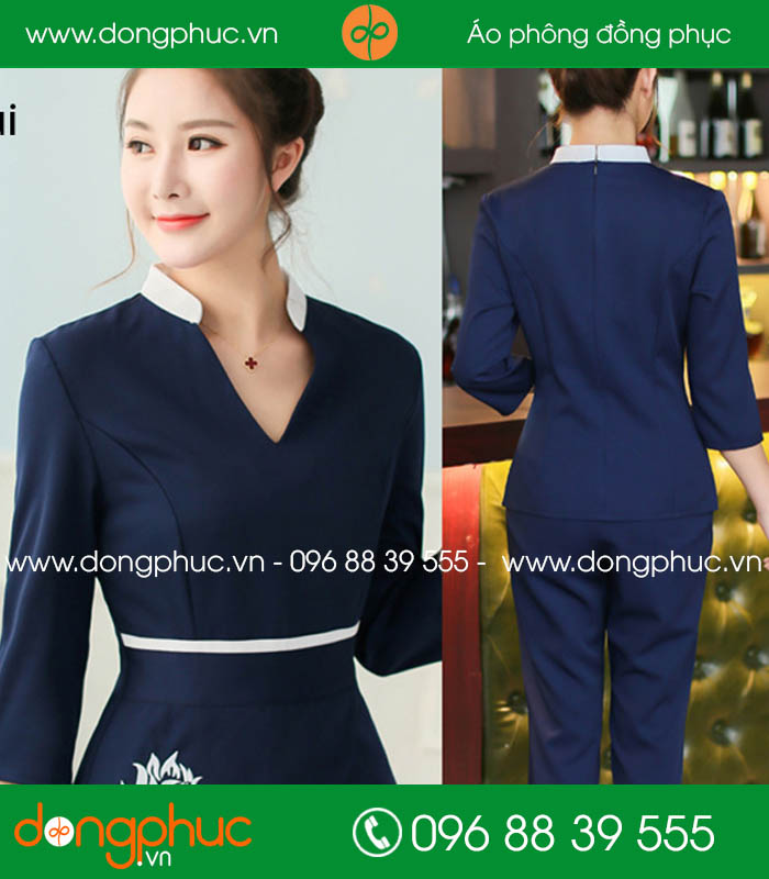 Đồng phục spa màu tím than cổ trắng
